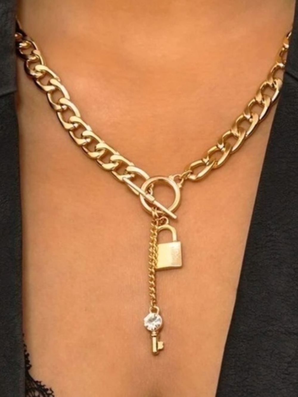 Gold chain link lock necklace
